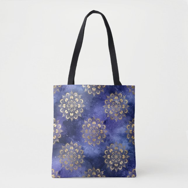 Gold & Blue Galaxy Dharma Mandala Muster Tasche (Vorderseite)