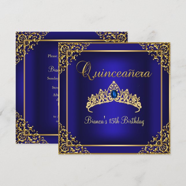 Gold & Blue Gem Tiara Quinceanera Invitation (Devant / Derrière)