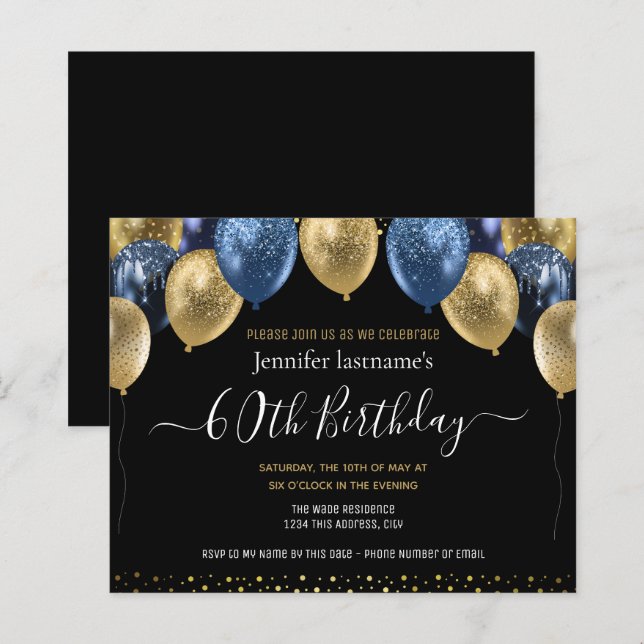 Gold Blue Glitzer Balloons 60. Geburtstag (Vorne/Hinten)