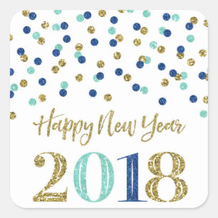 Gold Blue Glitzer Confetti Happy Neues Jahr 2018 Quadratischer Aufkleber