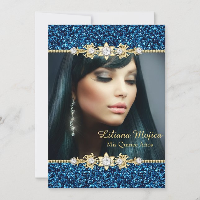 Gold Blue Glitzer & Jewel Bow Quinceanera Einladung (Vorderseite)