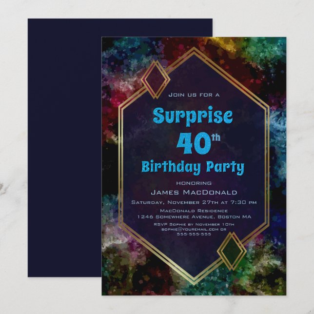 Gold Blue Glitzer Überraschung 40. Geburtstag Part Einladung (Vorne/Hinten)