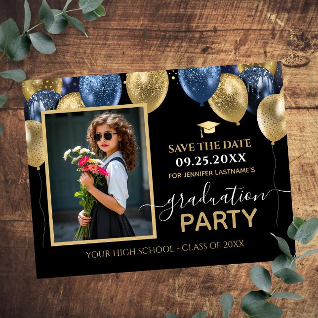 Gold Blue Graduation Party Foto Save the Date Postkarte (Von Creator hochgeladen)