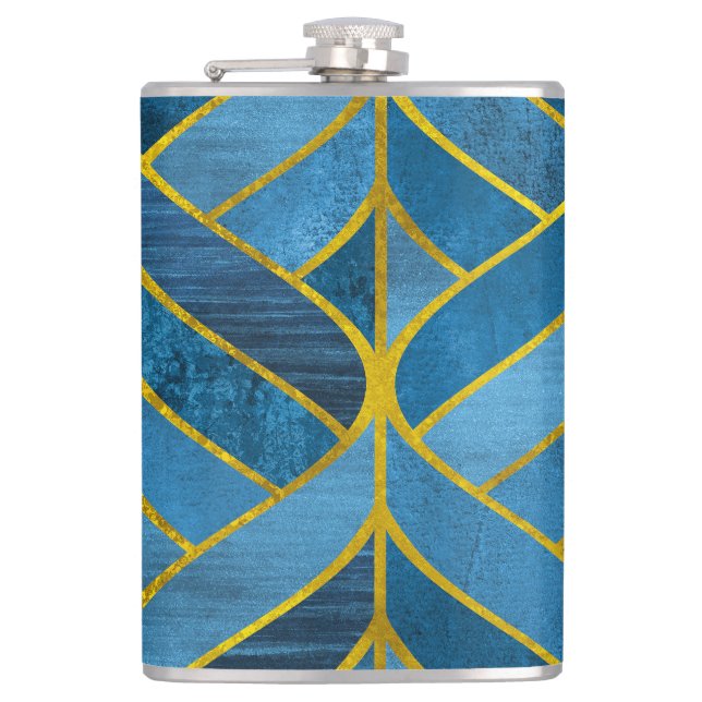 Gold Blue Grunge Muster Flachmann (Vorderseite)