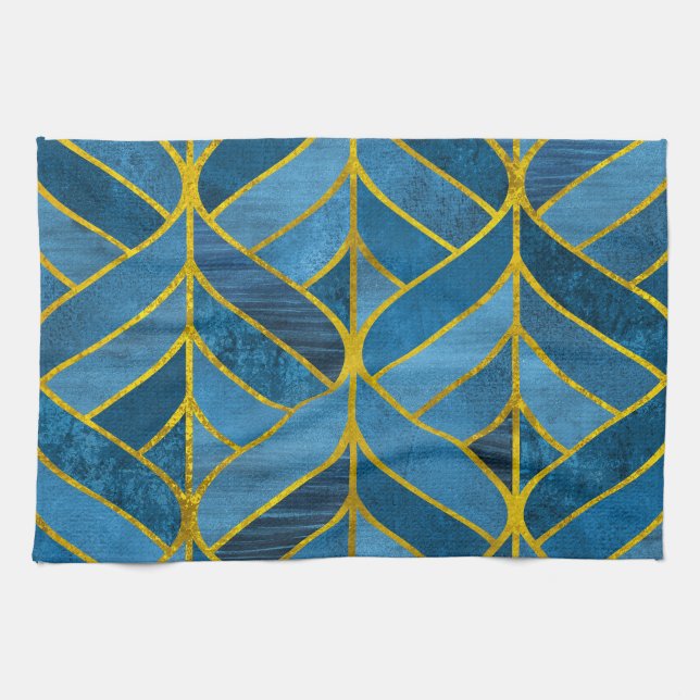 Gold Blue Grunge Muster Geschirrtuch (Horizontal)