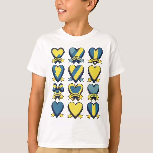 Gold Blue Heart Down Syndrome Awareness Warrior T-Shirt (Vorderseite)