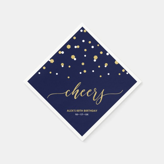 Gold & Blue Hexagon Confetti Cheers Custom Party Serviette (Ecke)