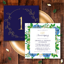Gold Blue Hydrangea 1. Hochzeitstag Einladung