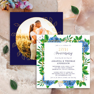 Gold Blue Hydrangea 25. Hochzeitstag Foto Jubiläum Einladung