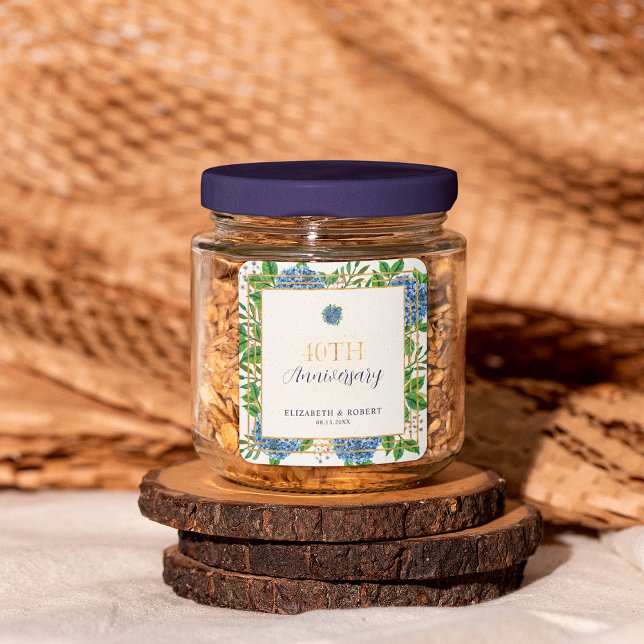 Gold Blue Hydrangea 40-jähriges Party zum Hochzeit Quadratischer Aufkleber (Von Creator hochgeladen)