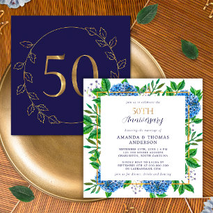Gold Blue Hydrangea 50. Hochzeitstag Einladung