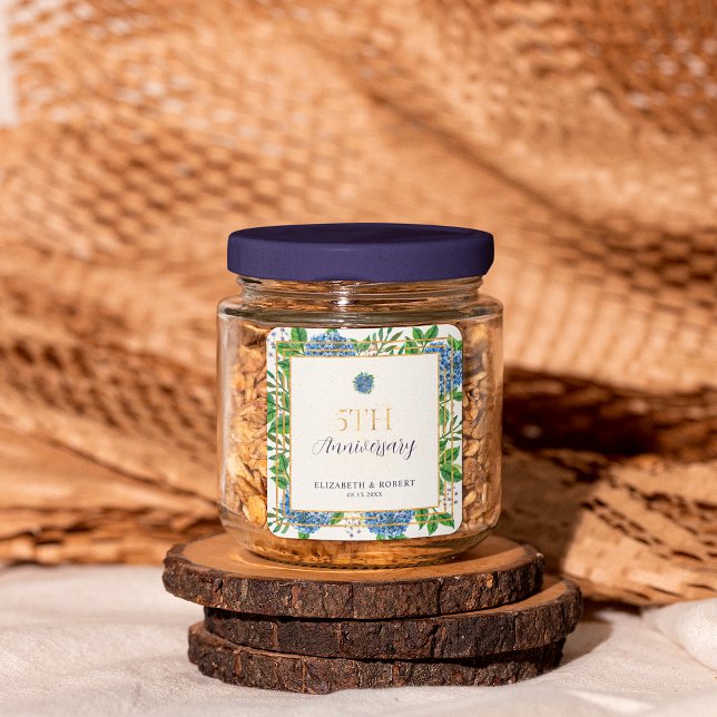 Gold Blue Hydrangea 5. Hochzeitstag Party Quadratischer Aufkleber (Von Creator hochgeladen)