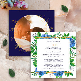 Gold Blue Hydrangea Foto 10. Hochzeitstag Einladung