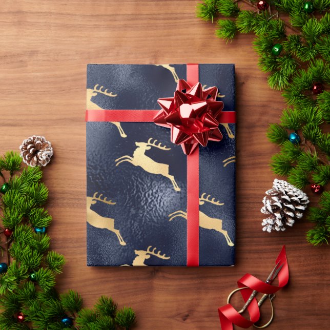 Gold Blue Metallic Reindeer Holiday Geschenkpapier (Feiertagsgeschenk)