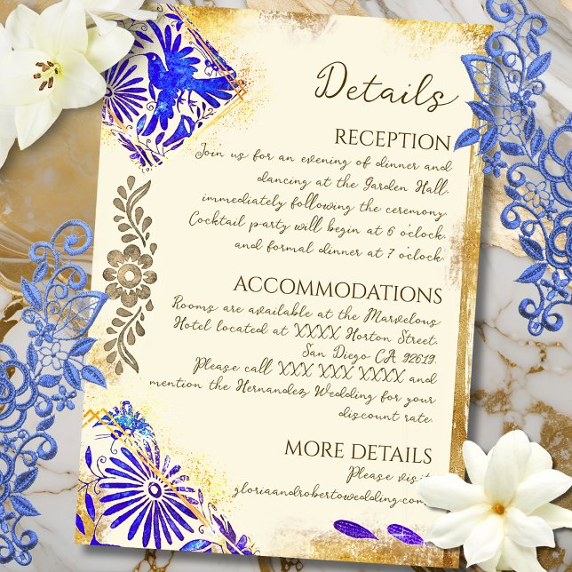 Gold Blue Mexican Baroque Hummingbird Wedding Encl Begleitkarte (Elegant Baroque details with cobalt and gold accents bring this Mexican-inspired card to life.)