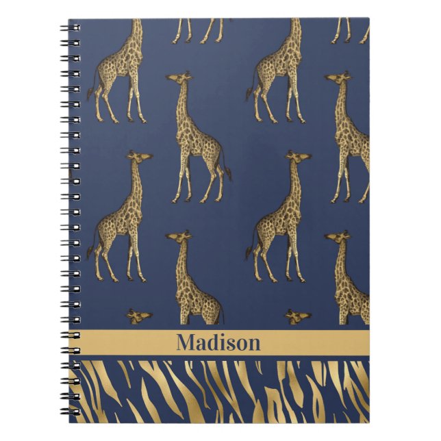 Gold Blue Name Giraffe Tiger Eleganter Chic Stilvo Notizblock (Vorderseite)