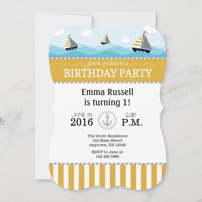 Gold Blue Nautical Birthday Einladung (Vorderseite)