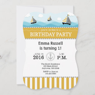 Gold Blue Nautical Birthday Einladung
