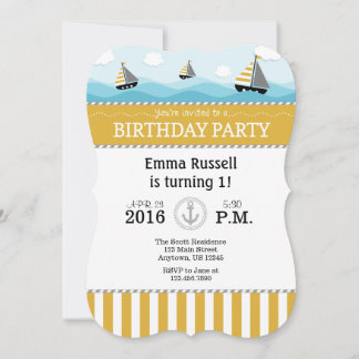 Gold Blue Nautical Birthday Einladung