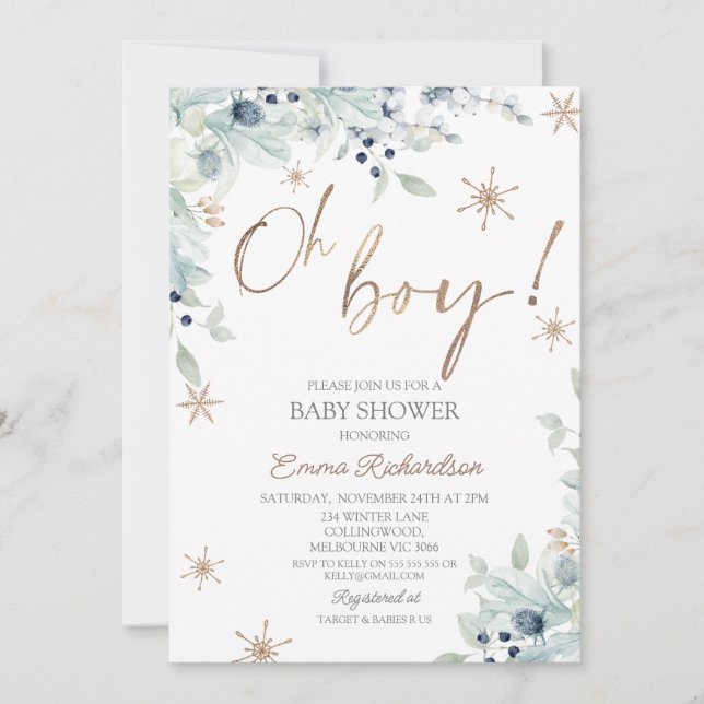 Gold Blue Oh Boy Little Snowflake Baby Dusche Einladung (Vorderseite)