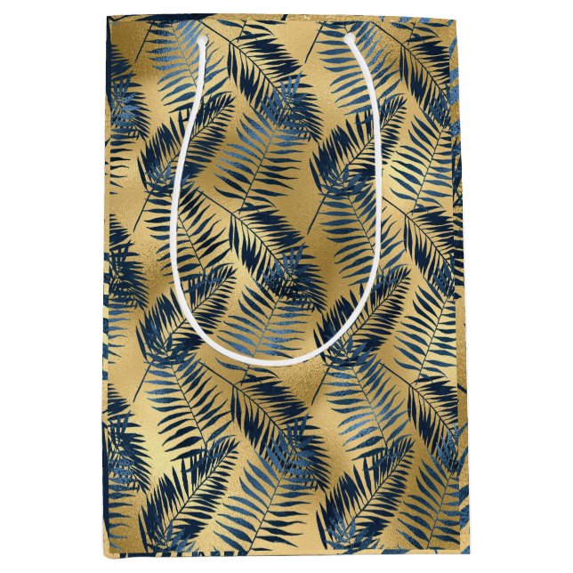 Gold Blue Palm Leaf Wrapping Paper  Mittlere Geschenktüte (Vorderseite)
