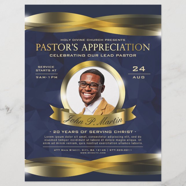 Gold & Blue Pastor's Appreciation Kirche Service Flyer (Vorne)