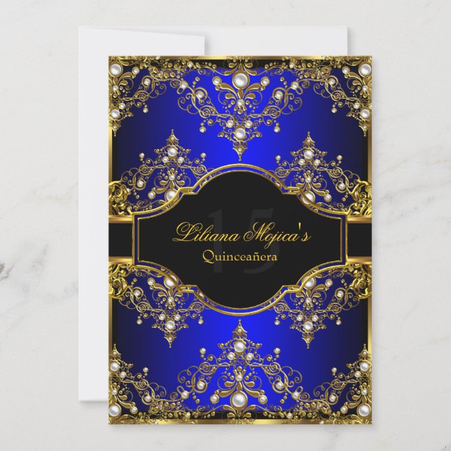 Gold Blue Pearl Vintag Glamour Quinceanera Einladung (Vorderseite)