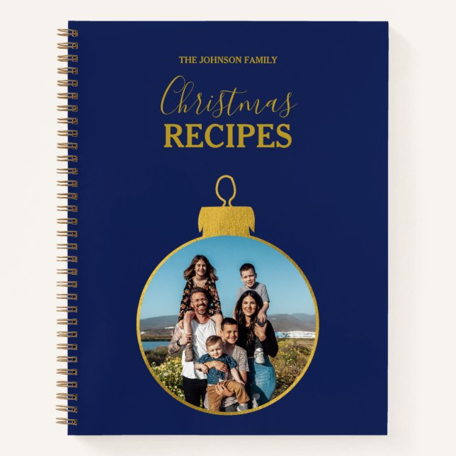 Gold Blue Photo Ornaments Christmas Recipe Notizbuch (Vorderseite)