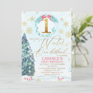 Gold Blue Pine Tree Winter Onederland Birthday Inv Einladung