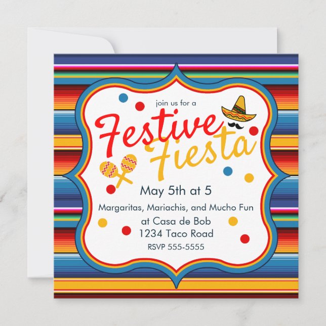 Gold Blue Red Sarape Cinco de Mayo Invitation (Devant)