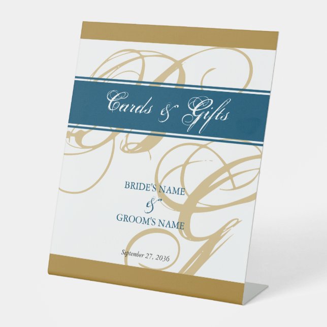 Gold Blue Script Monogram Wedding Cards & Gifts Sockelschild (Vorderseite)