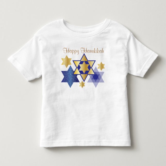 Gold & Blue Stars von David Happy Hanukkah Kleinkind T-shirt (Vorderseite)