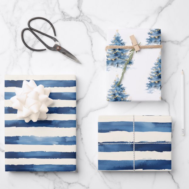 Gold Blue Stripes Christmas Tree Geschenkpapier Set (Vorderseite)