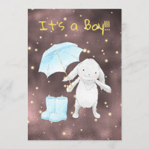 *~* Gold Blue Umbrella Shower Bunny Boy Invitation