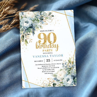 Gold Blue Watercolor Elegant 90th Birthday Invite Einladung