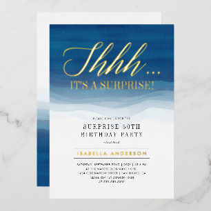 Gold & Blue Watercolor Überraschung Geburtstag Folieneinladung