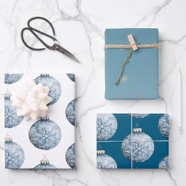 Gold Blue White Christmas Snowflakes Ornamente Geschenkpapier Set (Vorderseite)