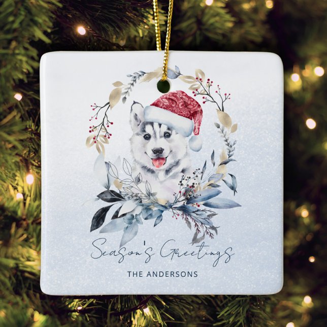 Gold Blue Wreath Siberian Husky Dog Weihnachten Keramikornament (Von Creator hochgeladen)