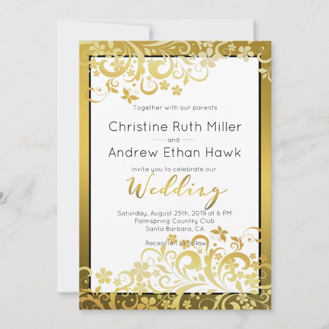 Gold Blühend florale Moderne Hochzeitseinladung Einladung (Vorderseite)