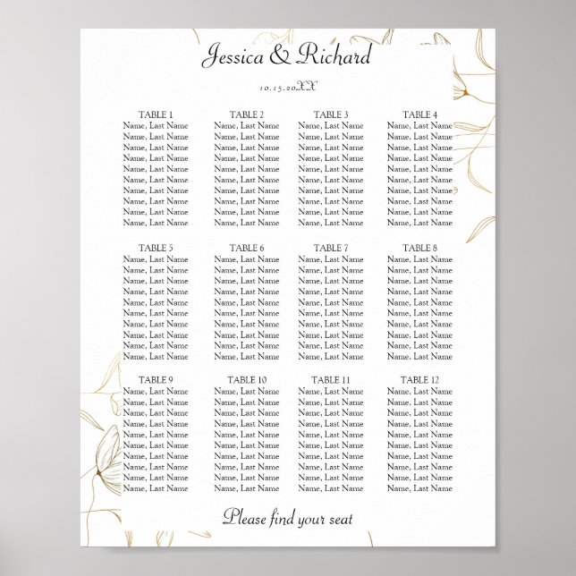 Gold Blume 12 Tables Seating Chart Plakatzeichen Poster (Vorne)