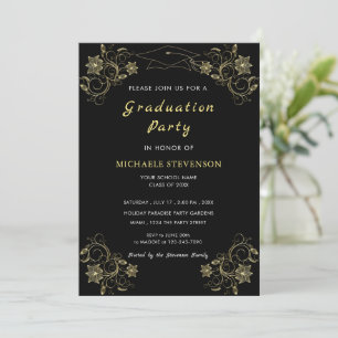 Gold Blume Black Graduation Party Einladung Cap