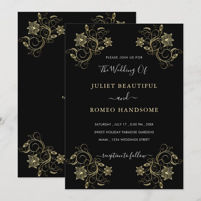 Gold Blume Black Luxury Wedding Einladung (Vorne/Hinten)