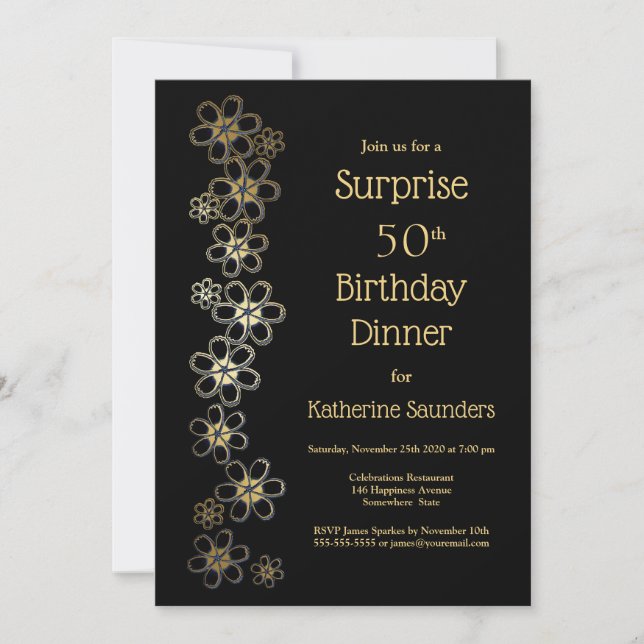 Gold Blume Black Surprise 50. Geburtstag Abendesse Einladung (Vorderseite)