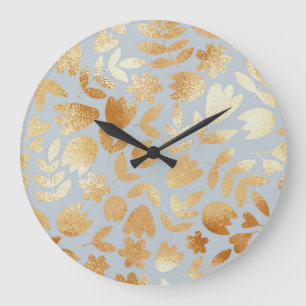Gold Blume, blauer Hintergrund, Foliennachahmung. Große Wanduhr