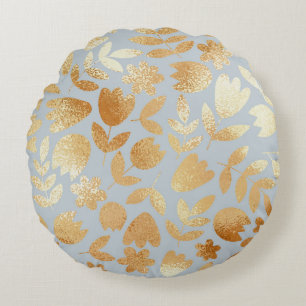 Gold Blume, blauer Hintergrund, Foliennachahmung. Rundes Kissen