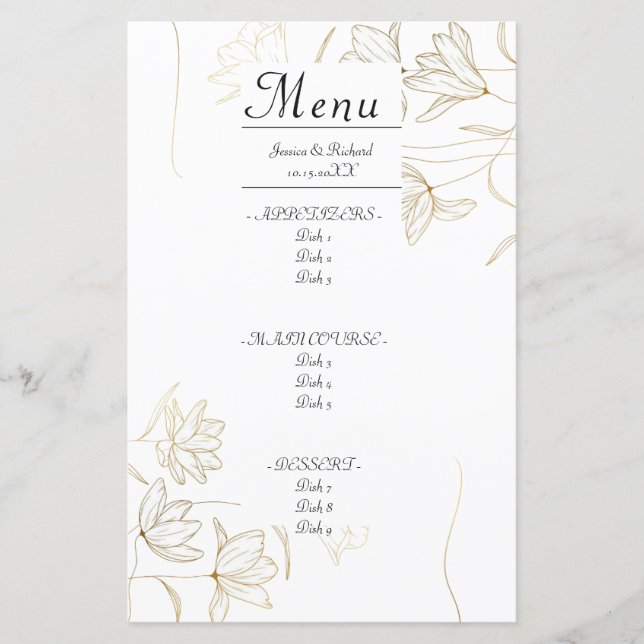 Gold Blume Dinner Menu Card (Vorderseite)