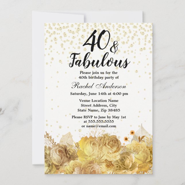 Gold Blume Glitzer 40 und fabelhafte 40. Geburtsta Einladung (Vorderseite)