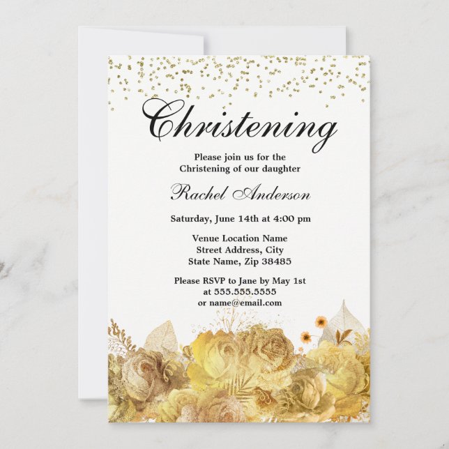 Gold Blume Glitzer Boy Girl Christening Taufe Einladung (Vorderseite)