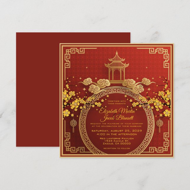 Gold Blume & Pagoda Rote Chinesische Hochzeit Einl Einladung (Vorne/Hinten)