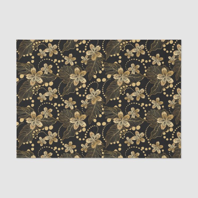 Gold Blume Perlen und Blätter auf Black Decoupage Seidenpapier (Vorderseite)